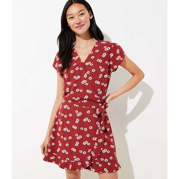 LOFT Red Floral Wrap Skort Romper Dress Sz 6 Short Sleeve V-Neck Ruffle Hem GUC - Picture 1 of 12